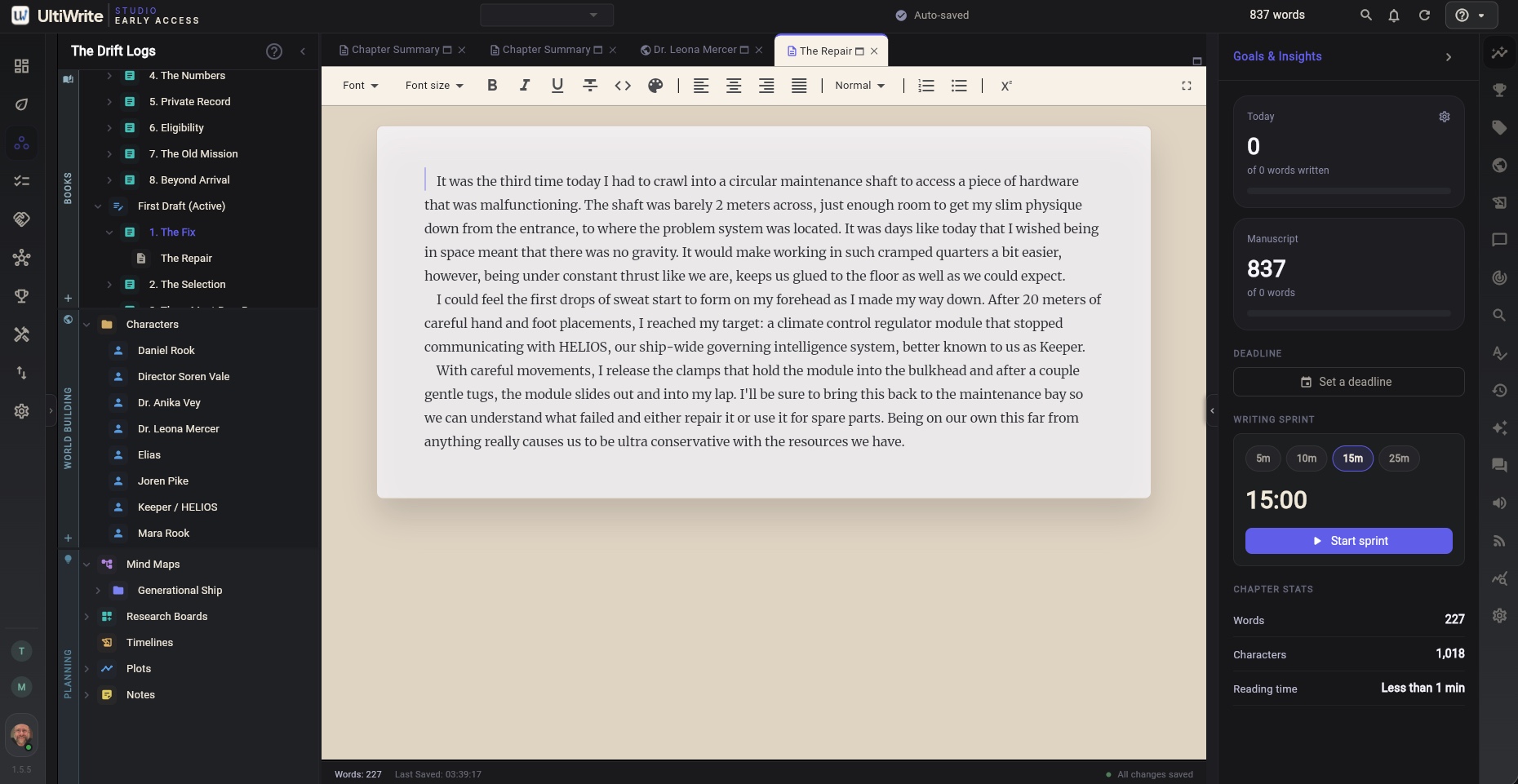 The UltiWrite manuscript editor showing a novel project